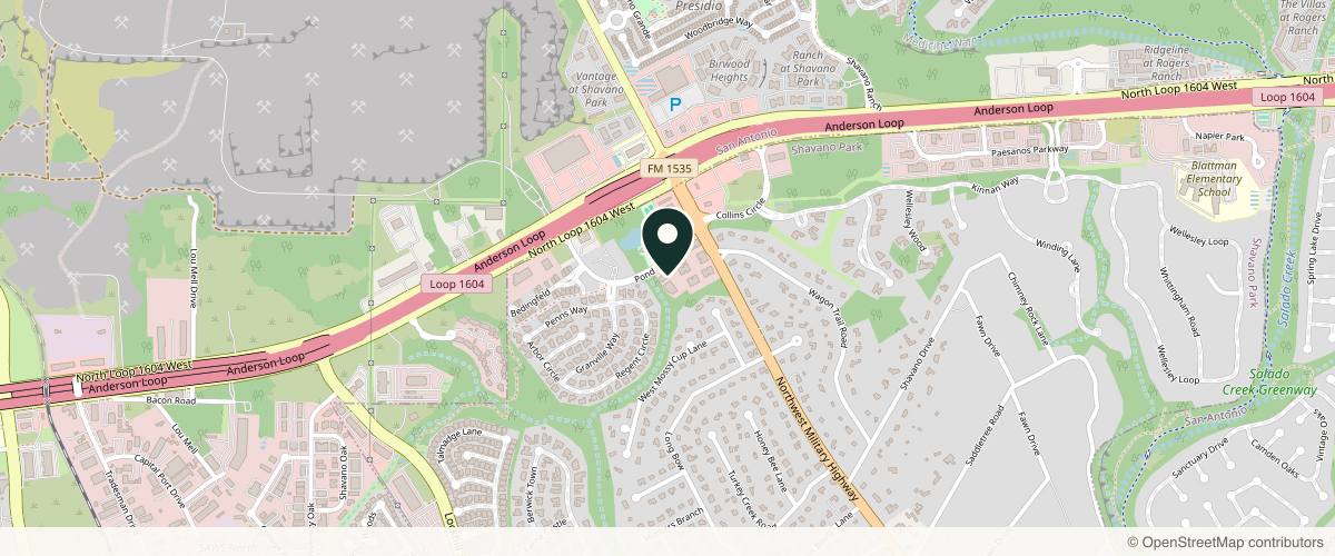 Map showing the exact location of Willow Aesthetics at 4118 Pond Hill Rd Ste 202, Shavano Park, TX 78231, USA