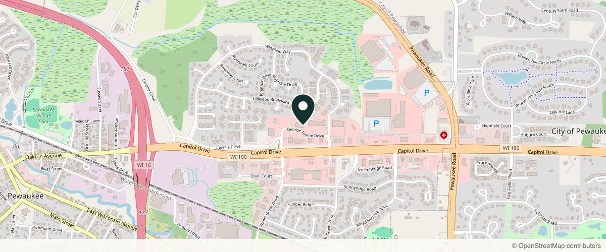 Map showing the exact location of Wisconsin Vein Center & MediSpa at 1231 George Towne Dr # G, Pewaukee, WI 53072, USA