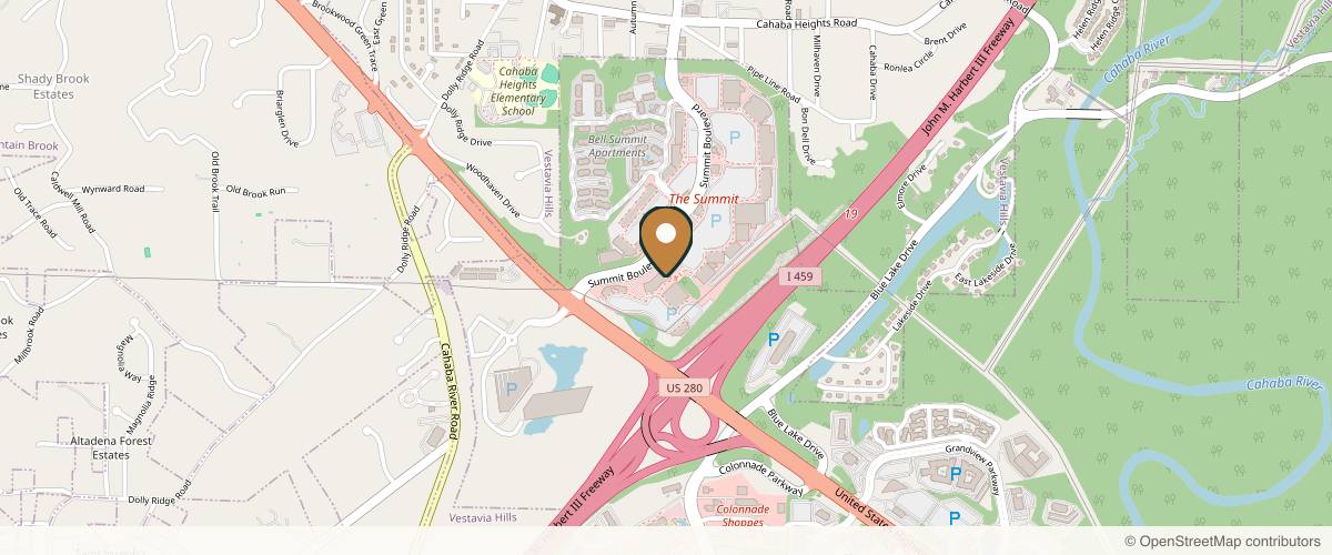Map showing the exact location of Woodhouse Spa - Birmingham at 125 Summit Blvd, Birmingham, AL 35243, USA