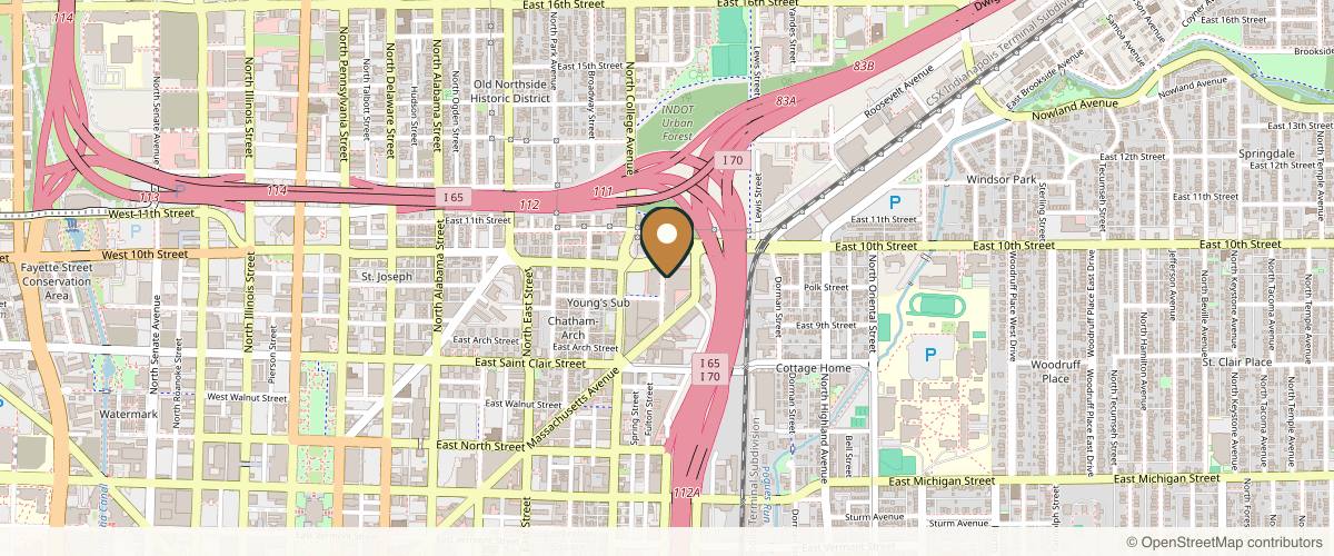 Map showing the exact location of Woodhouse Spa - Bottleworks at 850 Massachusetts Ave Ste 140, Indianapolis, IN 46204, USA