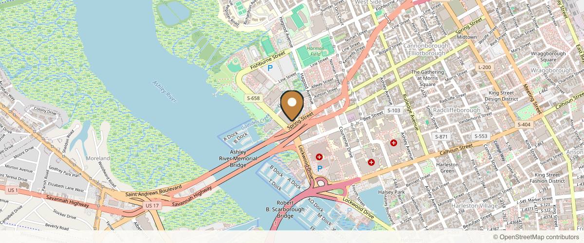 Map showing the exact location of Woodhouse Spa - Downtown Charleston at 10 Westedge St #150, Charleston, SC 29403, USA