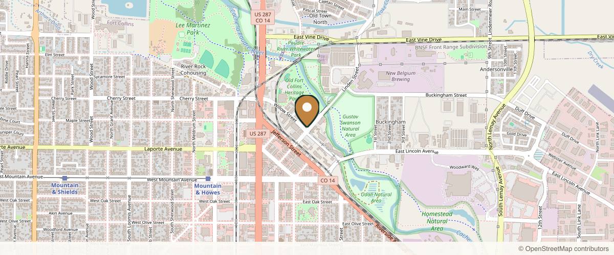 Map showing the exact location of Woodhouse Spa - Fort Collins at 401 Linden St Unit 1-103, Fort Collins, CO 80524, USA