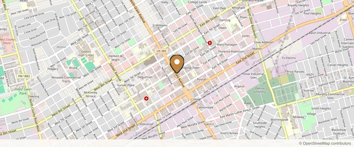 Map showing the exact location of Woodhouse Spa - Odessa at 414 N Grant Ave, Odessa, TX 79761, USA