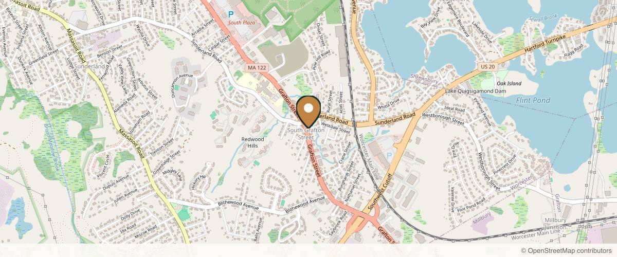 Map showing the exact location of Worcester BTX & Aesthetics at 1149 Grafton St, Worcester, MA 01604, USA
