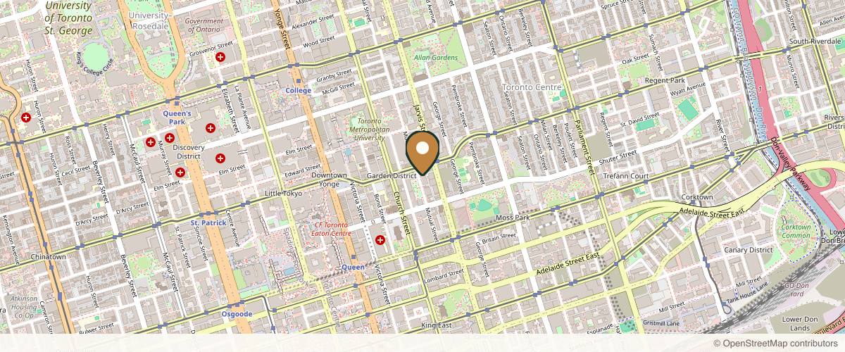 Map showing the exact location of YJC MED SPA at 87 Mutual St, Toronto, ON M5B 2N6, Canada