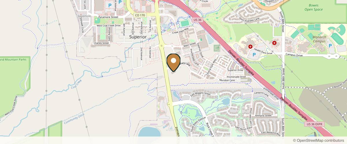 Map showing the exact location of Youthbar at 500 Discovery Pkwy Suite 175, Superior, CO 80027, USA