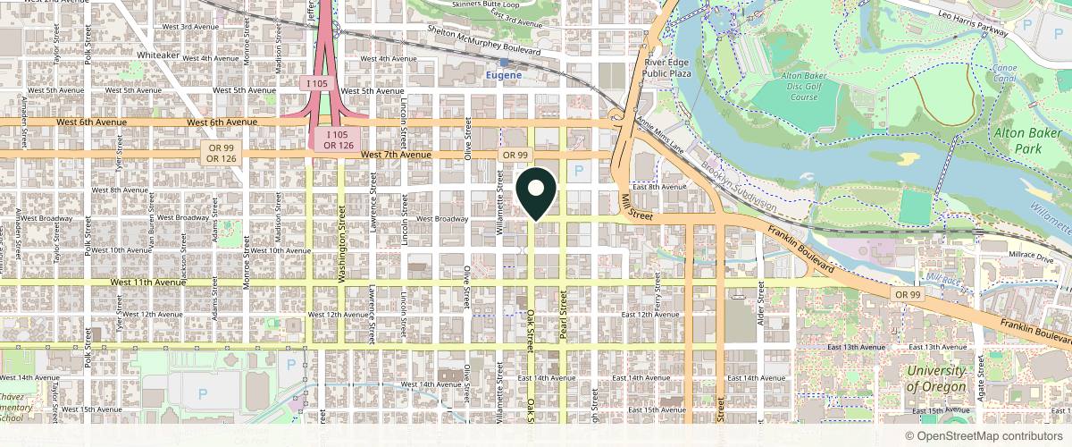 Map showing the exact location of Youthful Spirit Aesthetics at 100 E Broadway, Eugene, OR 97401, USA