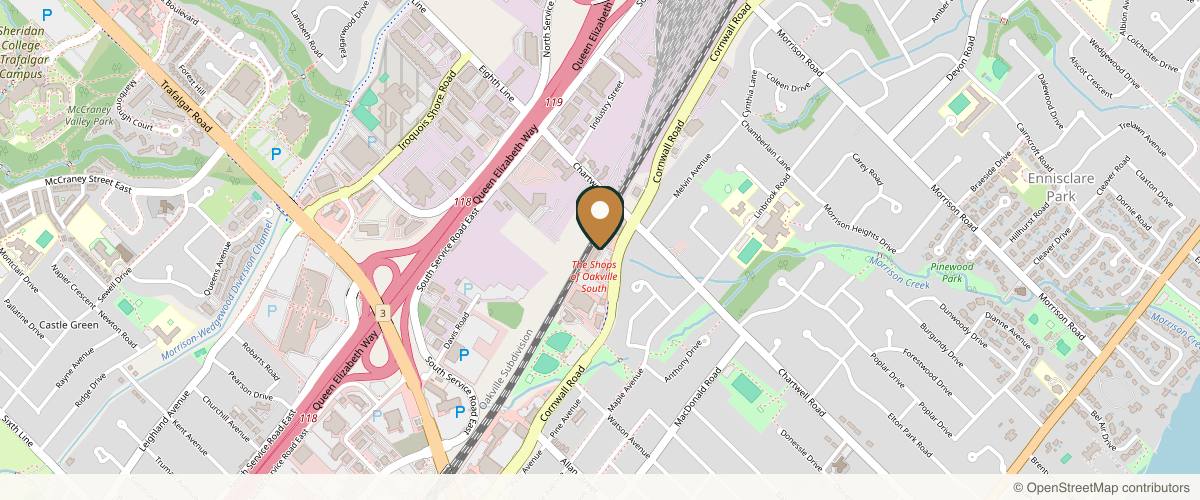 Map showing the exact location of Zenbar Healing Studio - Oakville's Wellness, Health and Beauty Spa at 487 Cornwall Rd #9, Oakville, ON L6J 7S8, Canada