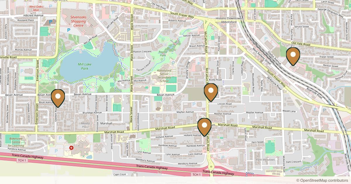 Map of 4 plastic surgery practices in Abbotsford, British Columbia
