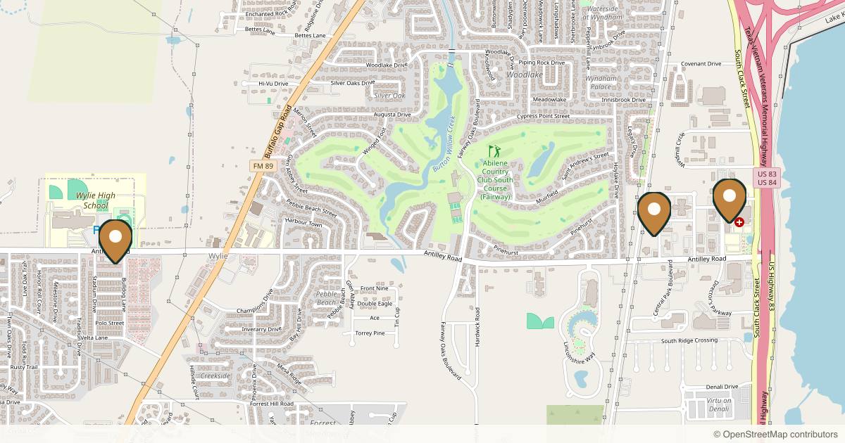 Map of 3 plastic surgery practices in Abilene, Texas