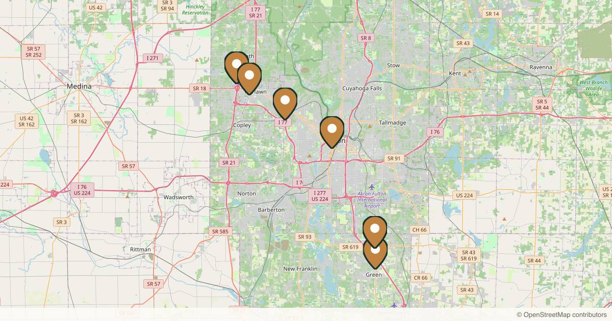 Map of 10 plastic surgery practices in Akron, Ohio