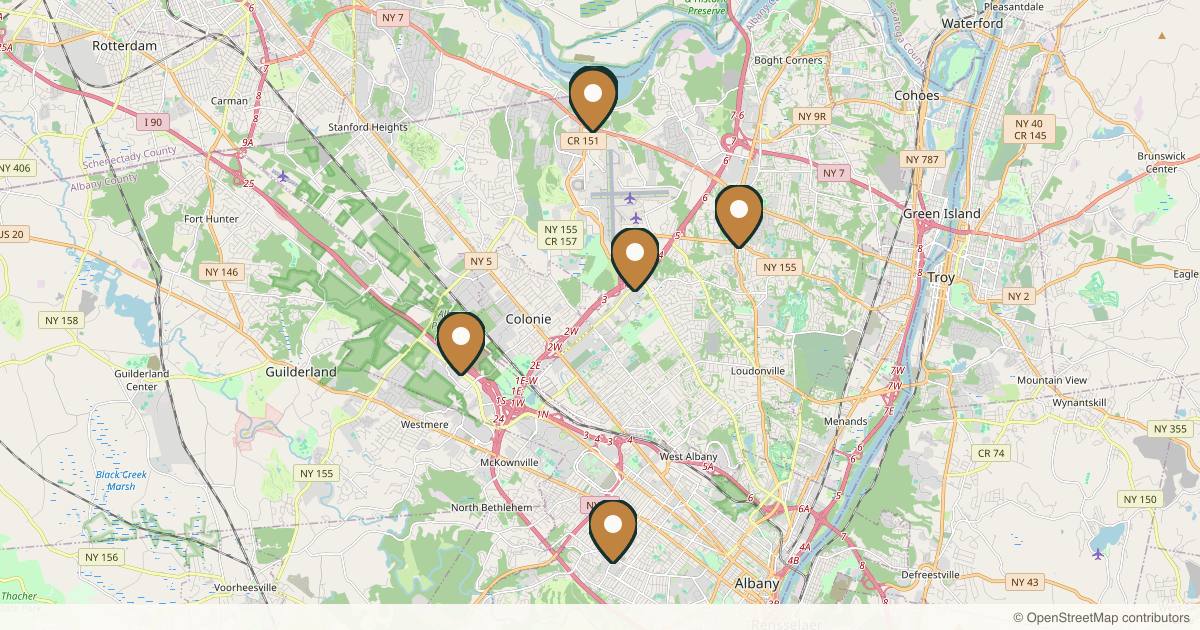 Map of 10 plastic surgery practices in Albany, New York