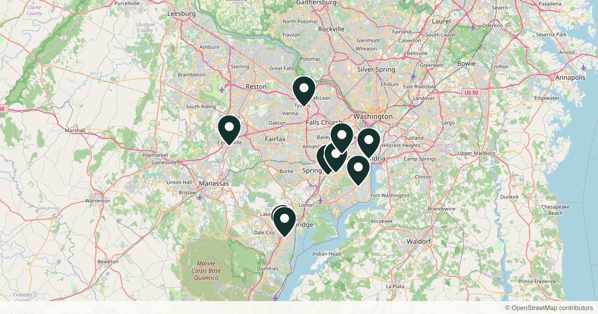 Map of 10 dermatology practices in Alexandria, Virginia