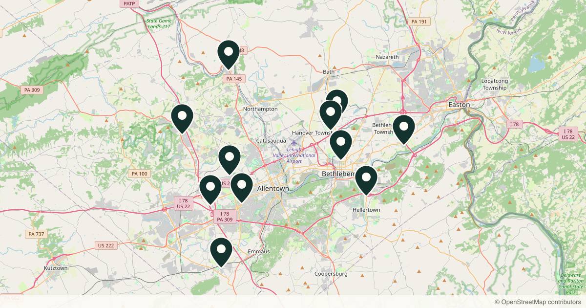 Map of 11 dermatology practices in Allentown, Pennsylvania