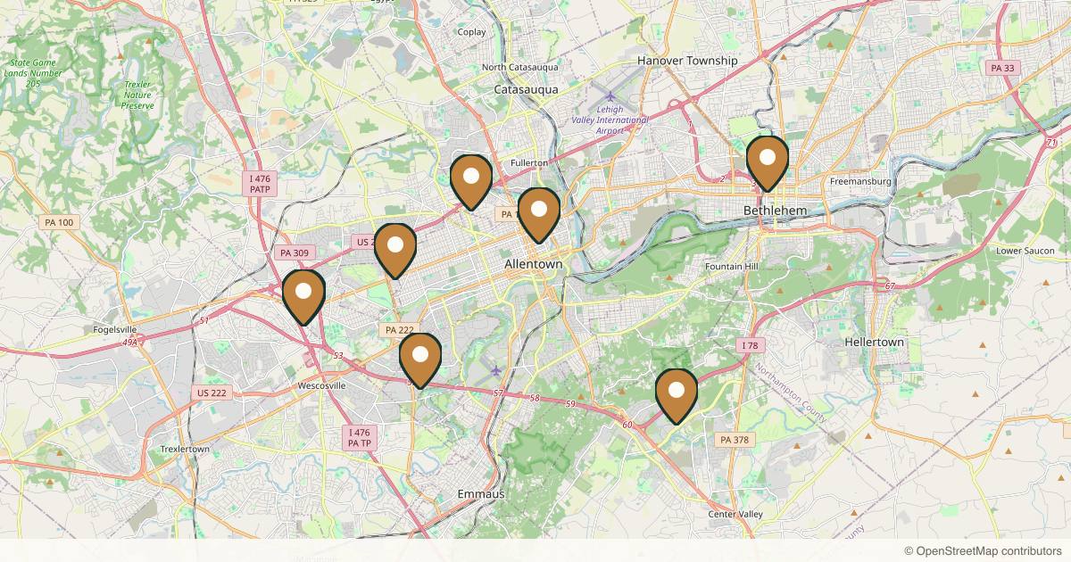 Map of 10 plastic surgery practices in Allentown, Pennsylvania