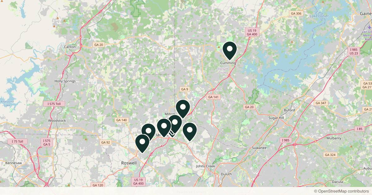 Map of 12 dermatology practices in Alpharetta, Georgia