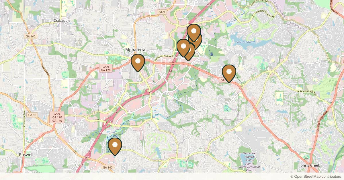 Map of 10 plastic surgery practices in Alpharetta, Georgia