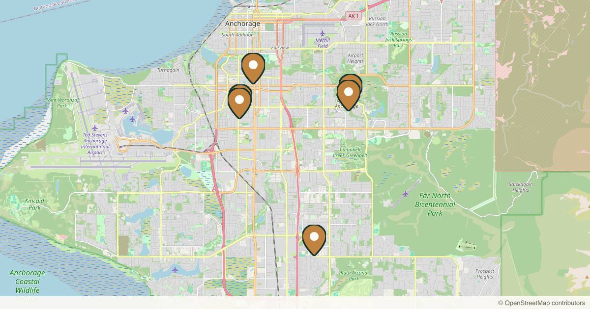 Map of 10 plastic surgery practices in Anchorage, Alaska