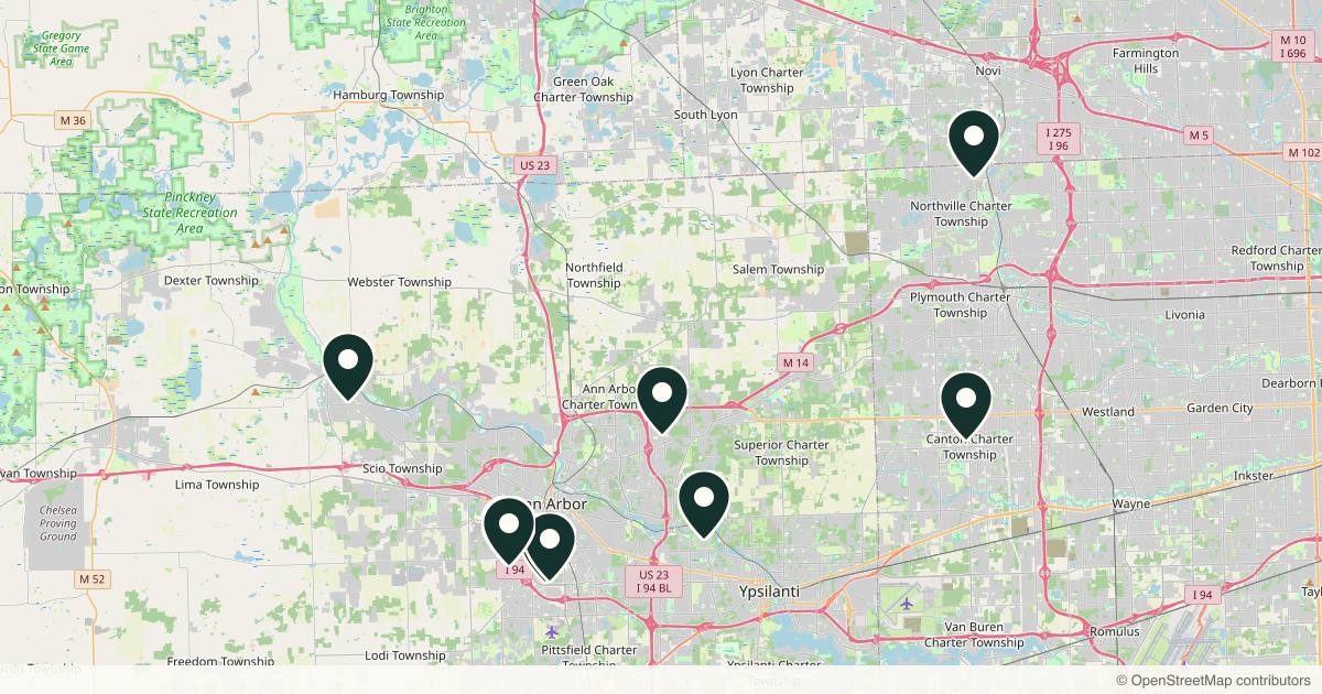 Map of 11 dermatology practices in Ann Arbor, Michigan