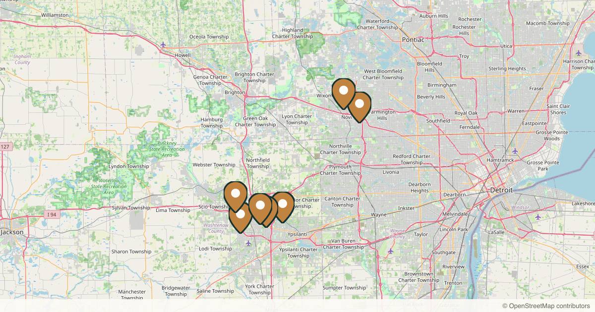 Map of 10 plastic surgery practices in Ann Arbor, Michigan