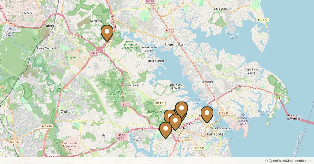 Map of 8 plastic surgery practices in Annapolis, Maryland