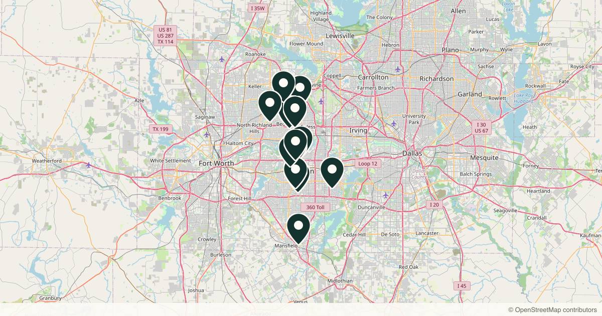 Map of 15 dermatology practices in Arlington, Texas