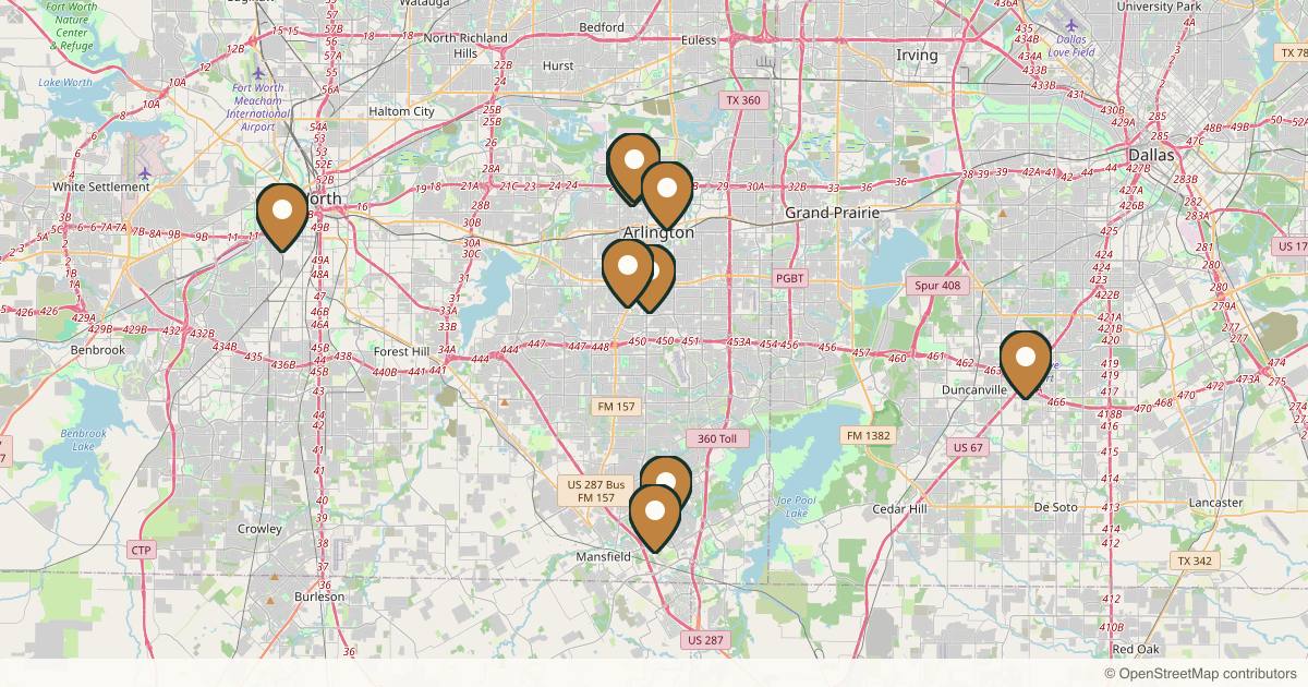 Map of 10 plastic surgery practices in Arlington, Texas
