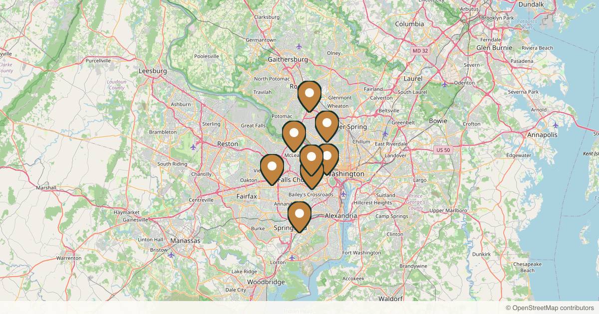 Map of 9 plastic surgery practices in Arlington, Virginia