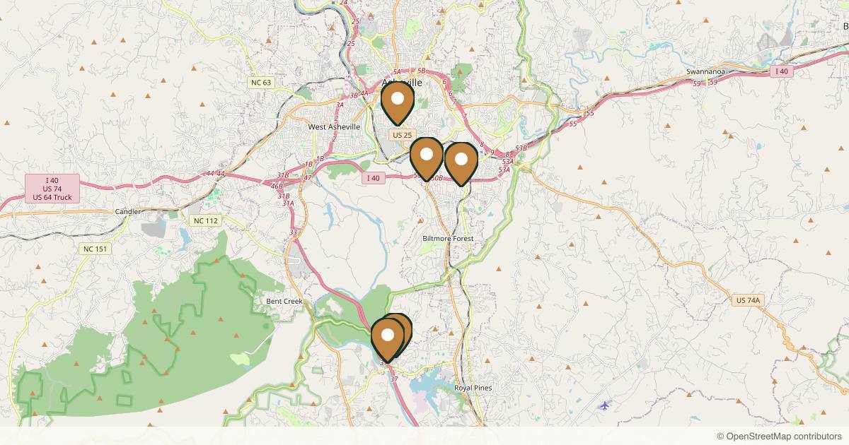 Map of 7 plastic surgery practices in Asheville, North Carolina