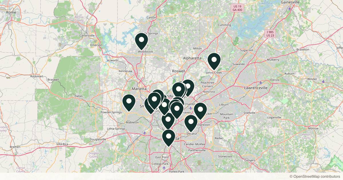 Map of 22 dermatology practices in Atlanta, Georgia