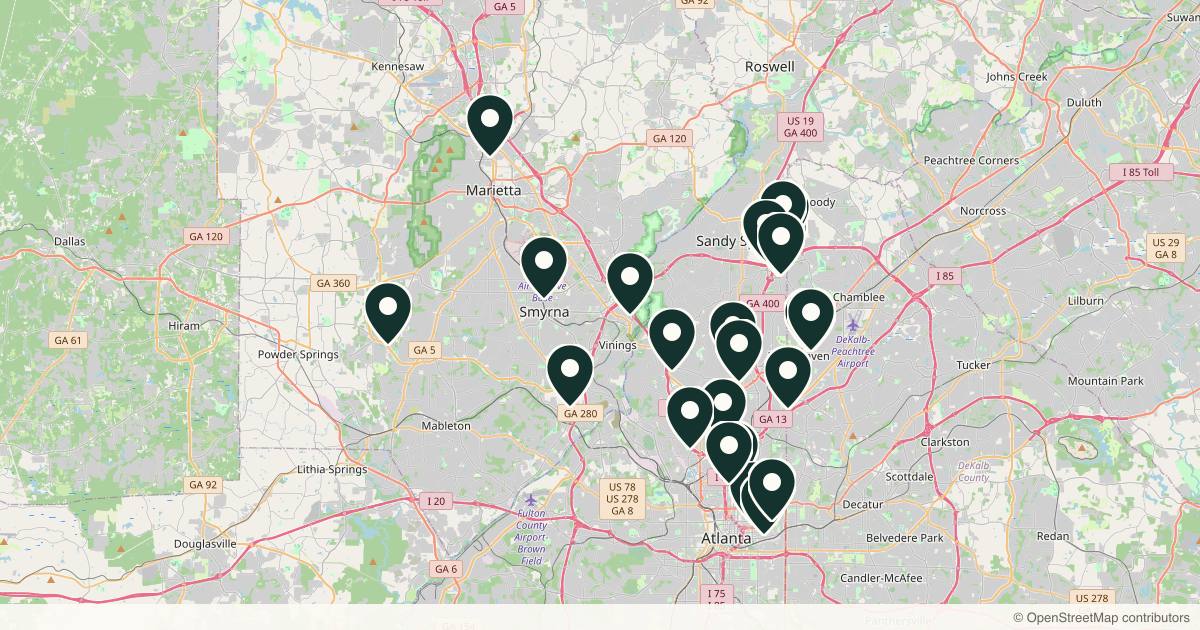 Map of 32 plastic surgery practices in Atlanta, Georgia