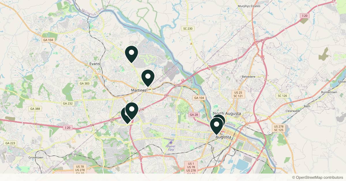 Map of 7 plastic surgery practices in Augusta, Georgia