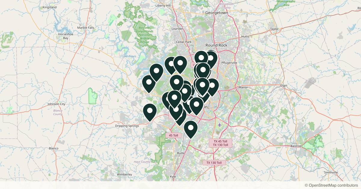 Map of 33 dermatology practices in Austin, Texas