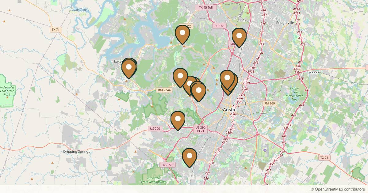 Map of 35 plastic surgery practices in Austin, Texas