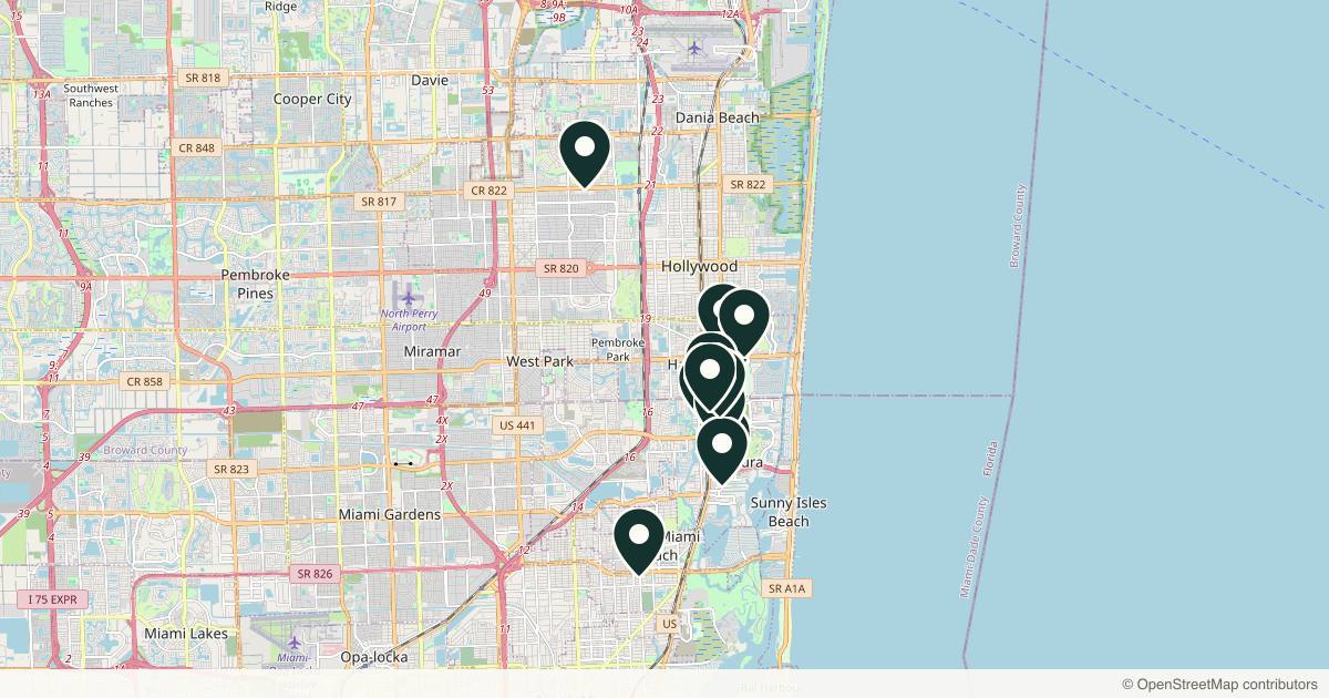 Map of 13 dermatology practices in Aventura, Florida