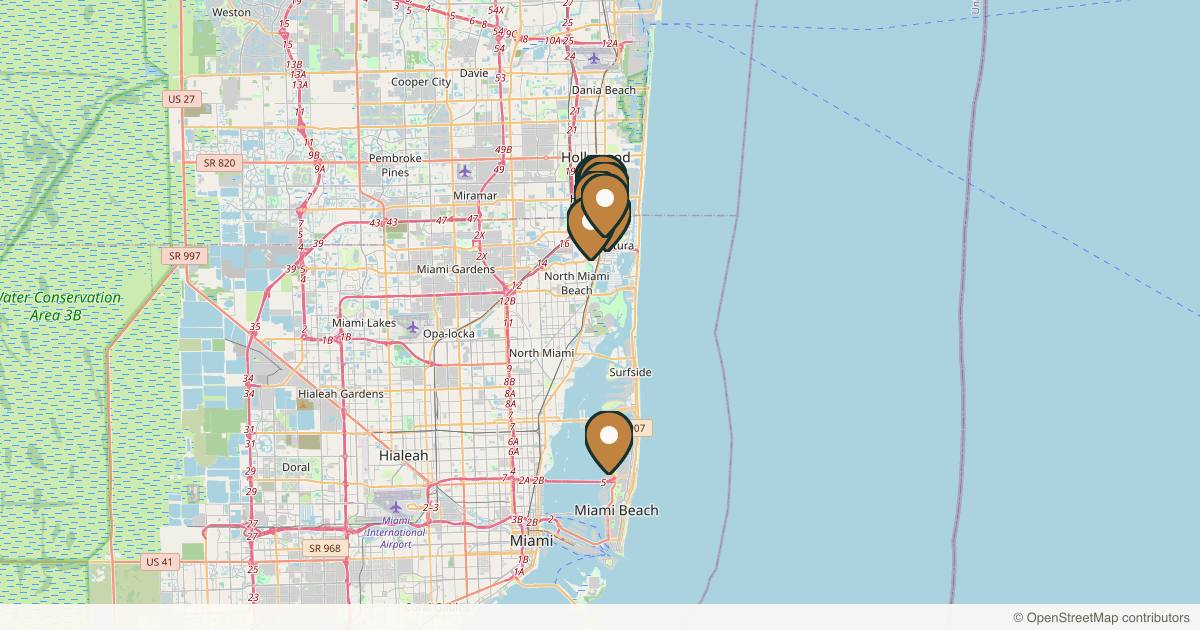 Map of 10 plastic surgery practices in Aventura, Florida