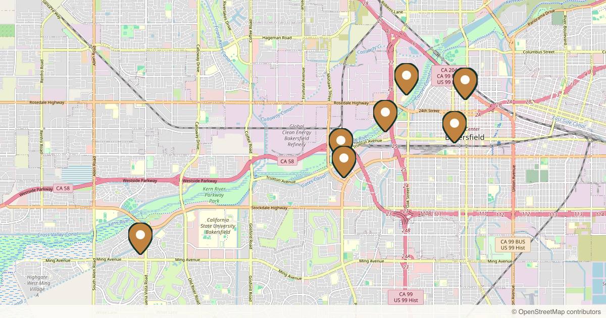 Map of 8 plastic surgery practices in Bakersfield, California