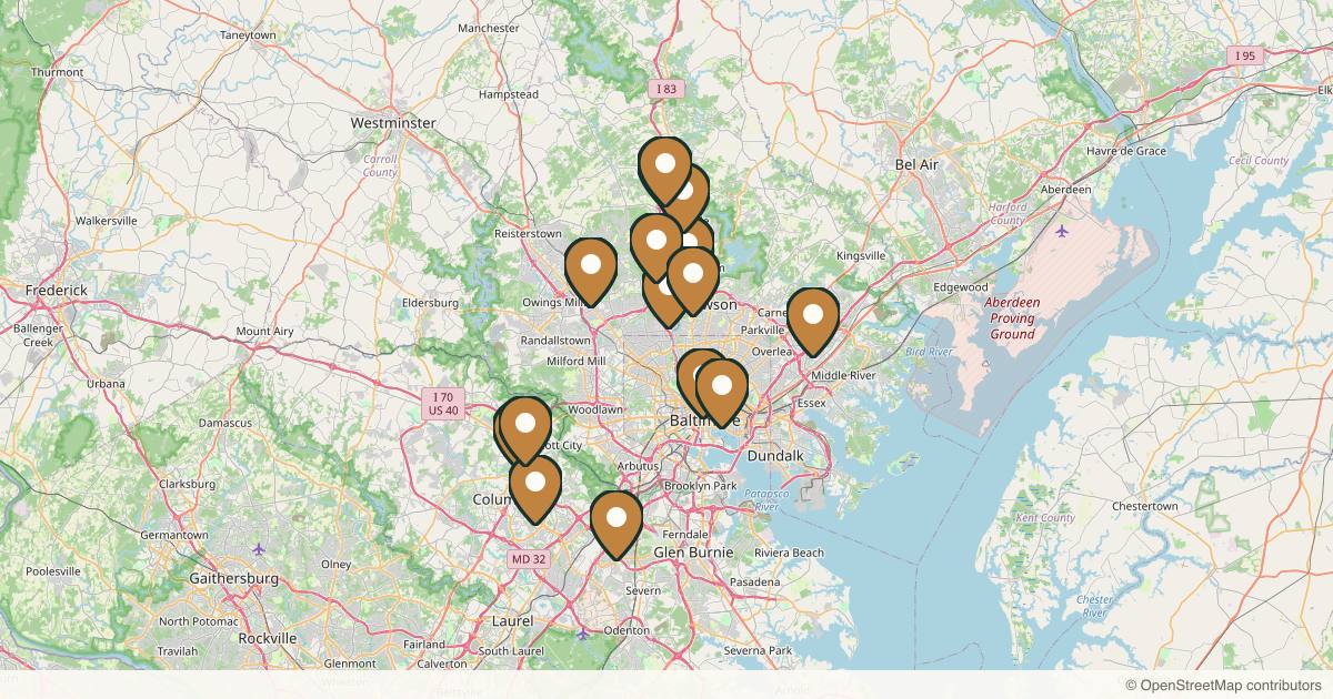 Map of 18 plastic surgery practices in Baltimore, Maryland