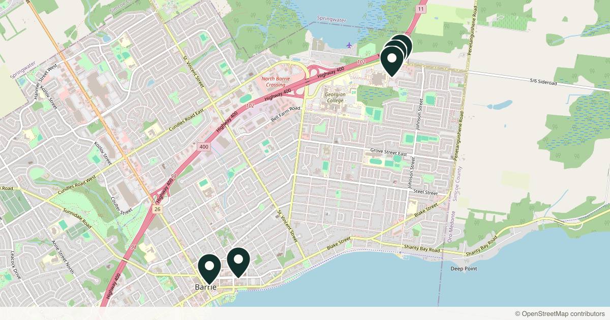 Map of 5 plastic surgery practices in Barrie, Ontario