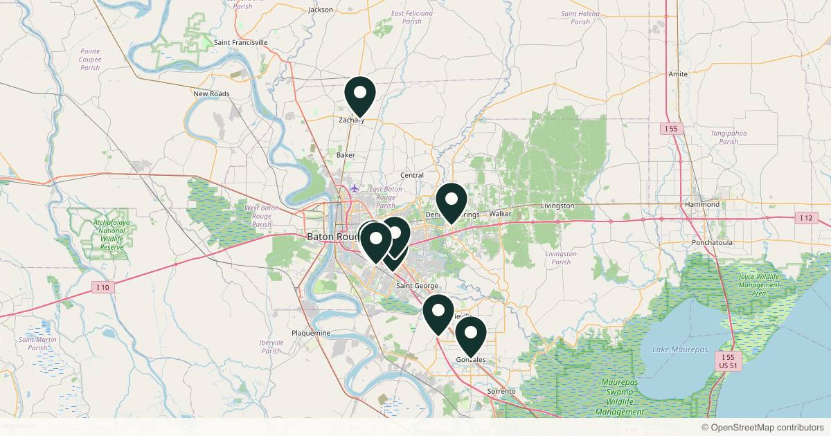 Map of 11 dermatology practices in Baton Rouge, Louisiana