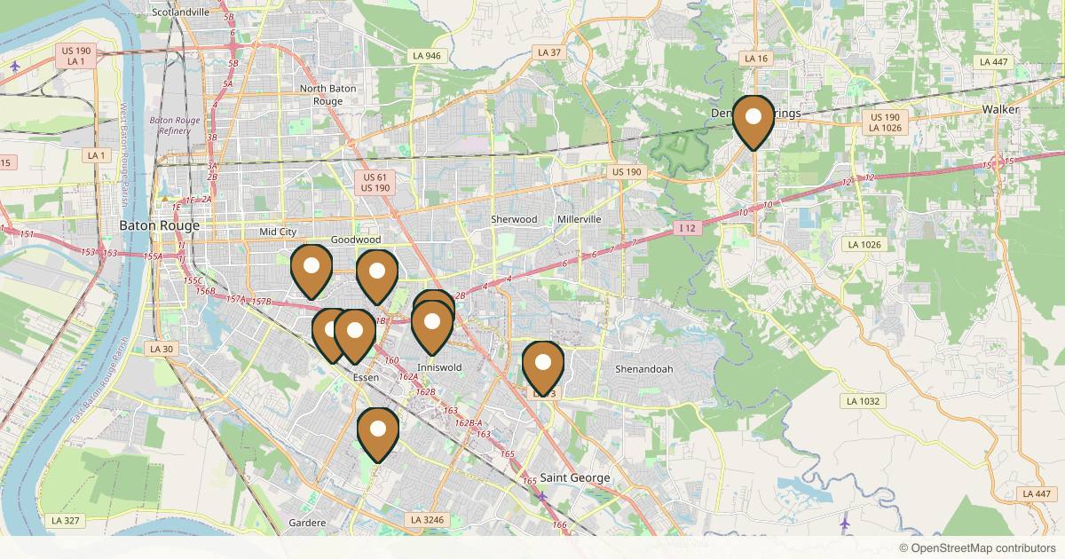 Map of 10 plastic surgery practices in Baton Rouge, Louisiana