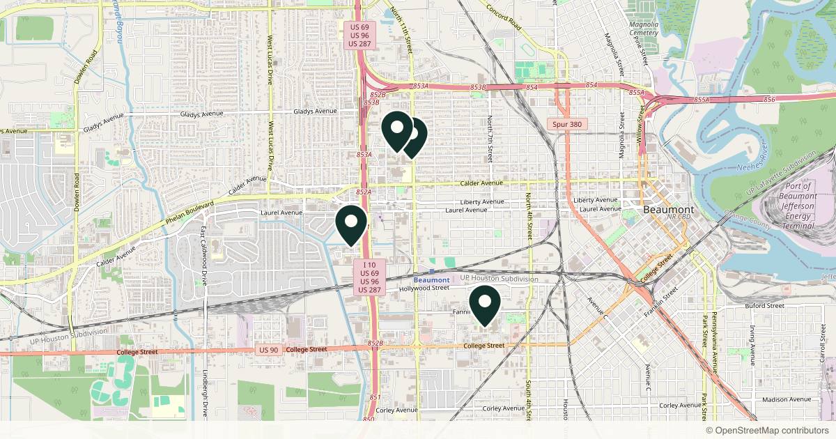 Map of 4 plastic surgery practices in Beaumont, Texas