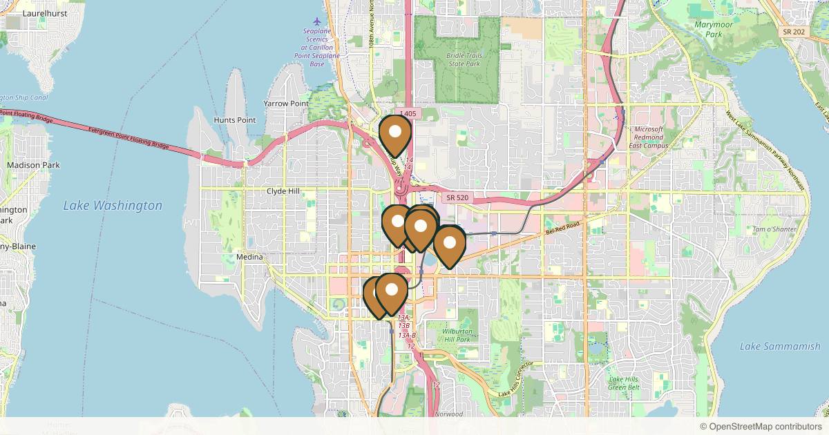 Map of 10 plastic surgery practices in Bellevue, Washington