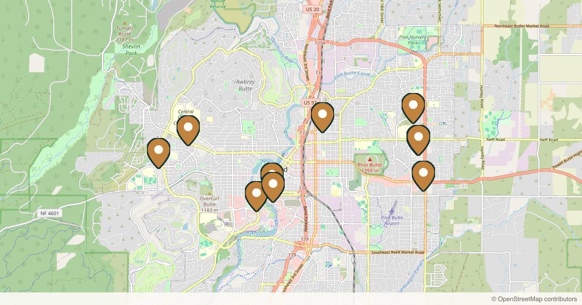 Map of 10 plastic surgery practices in Bend, Oregon