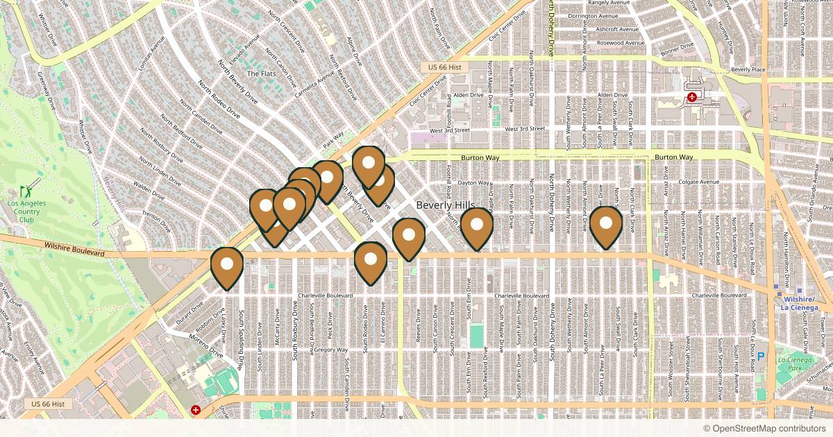 Map of 16 plastic surgery practices in Beverly Hills, California