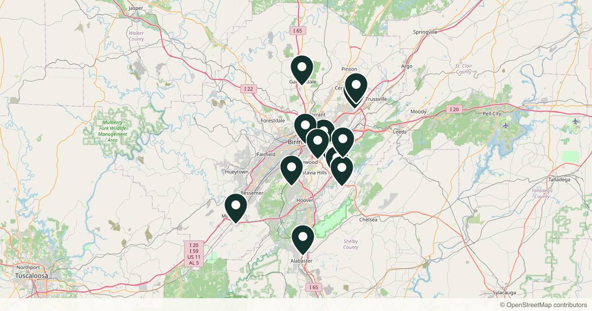 Map of 14 dermatology practices in Birmingham, Alabama