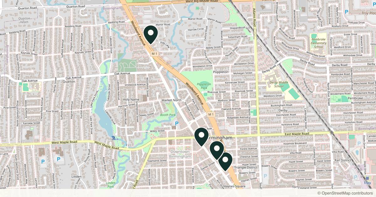 Map of 4 plastic surgery practices in Birmingham, Michigan