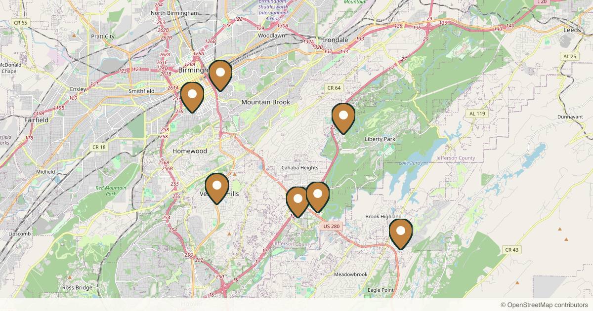 Map of 10 plastic surgery practices in Birmingham, Alabama