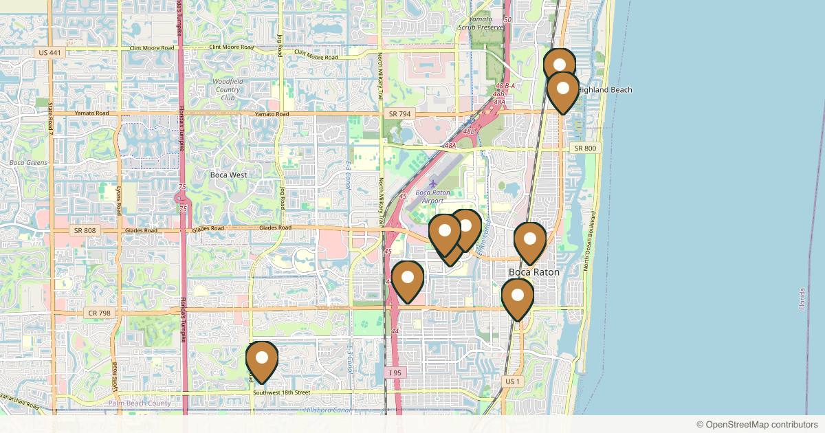 Map of 10 plastic surgery practices in Boca Raton, Florida