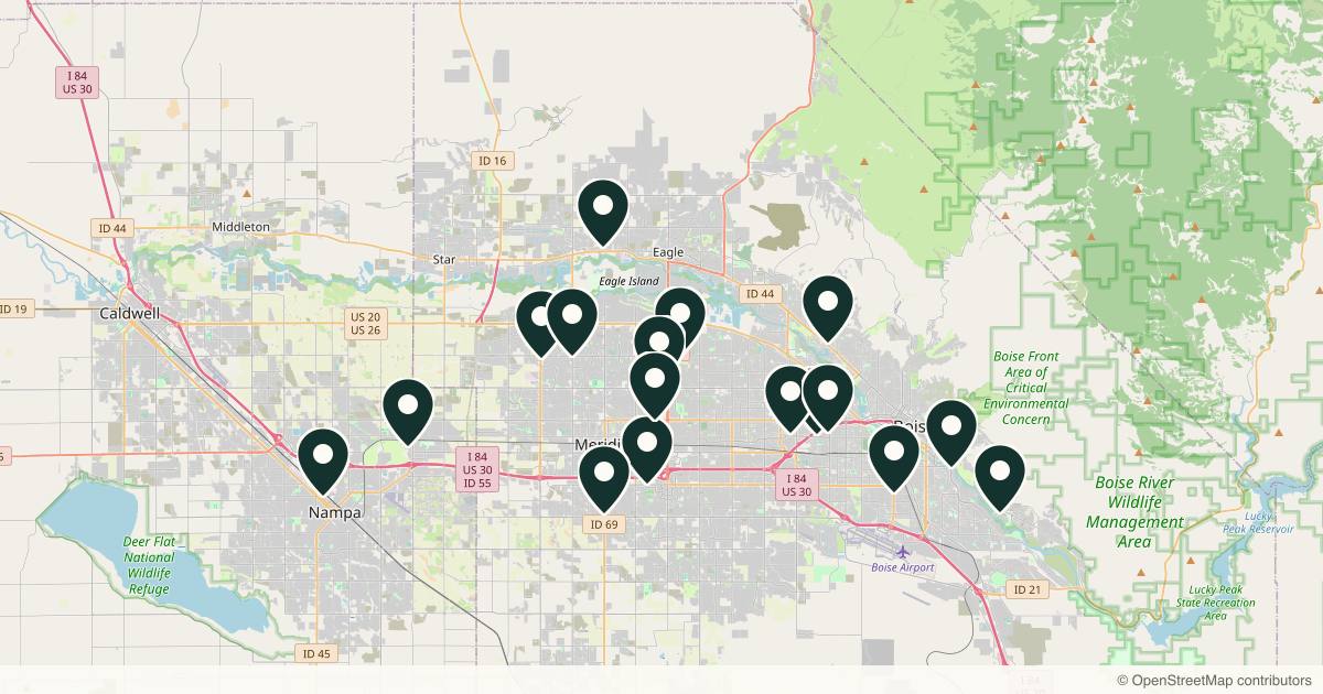 Map of 19 dermatology practices in Boise, Idaho